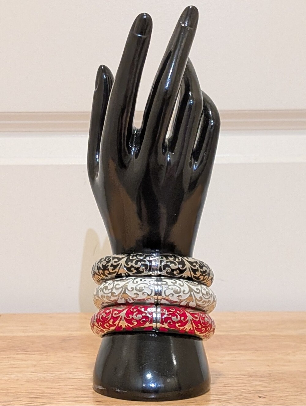 EUC Set of Three Silvertone Hinge Cuffs with Red Black and White Enamel Inlays